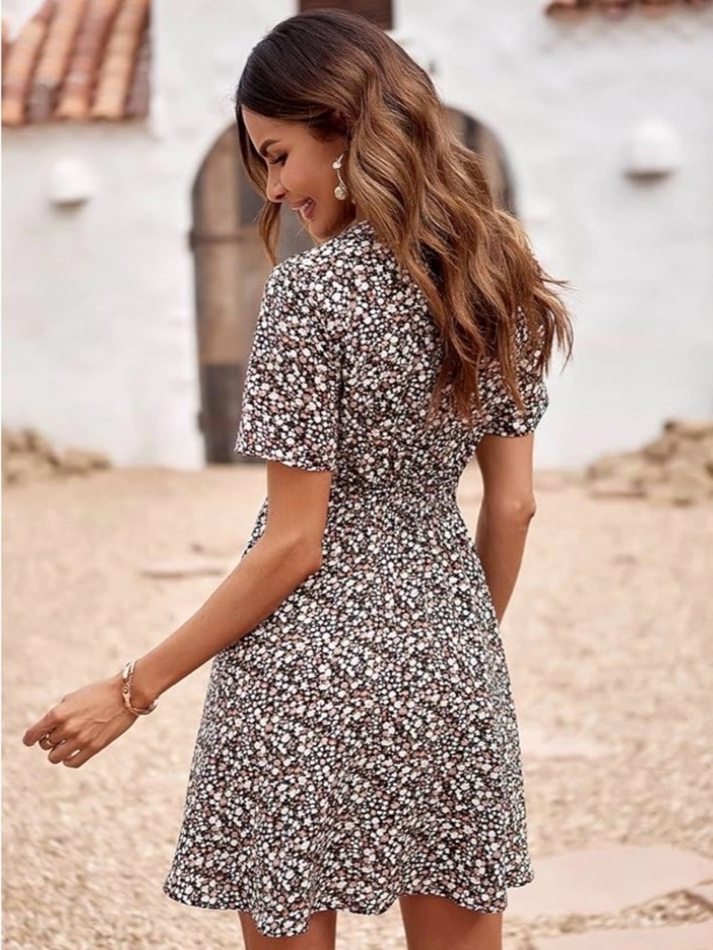 Floral Short Sleeve Smocked Mini Dress - Picture 2 of 3